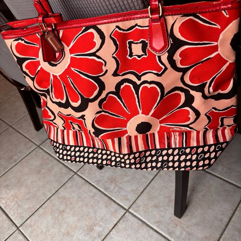 Coach Red and Black Floral Tote Bag